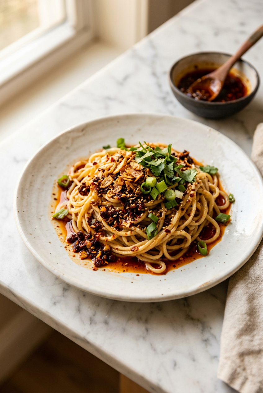 Golden-brown homemade chilli crisp in a glass jar with crispy chilli flakes and sesame seeds visible, surrounded by fresh garlic and dried red chilies
