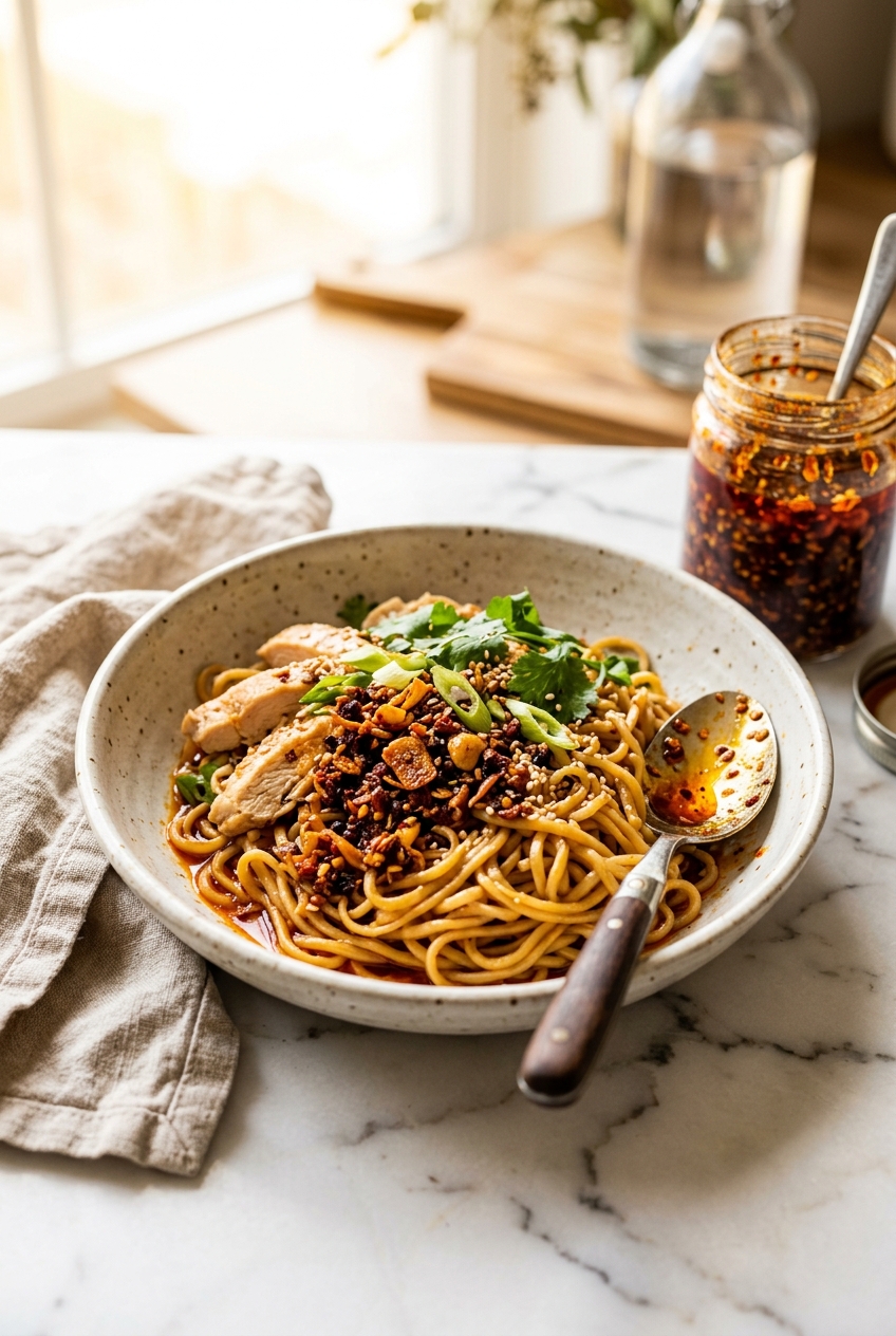 Close-up of easy chilli crisp being drizzled over creamy hummus and avocado toast, showing the glossy oil and crispy texture