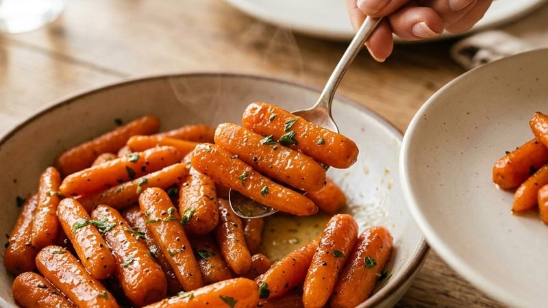 Golden glazed carrots with butter and brown sugar glaze, garnished with fresh parsley on a white plate