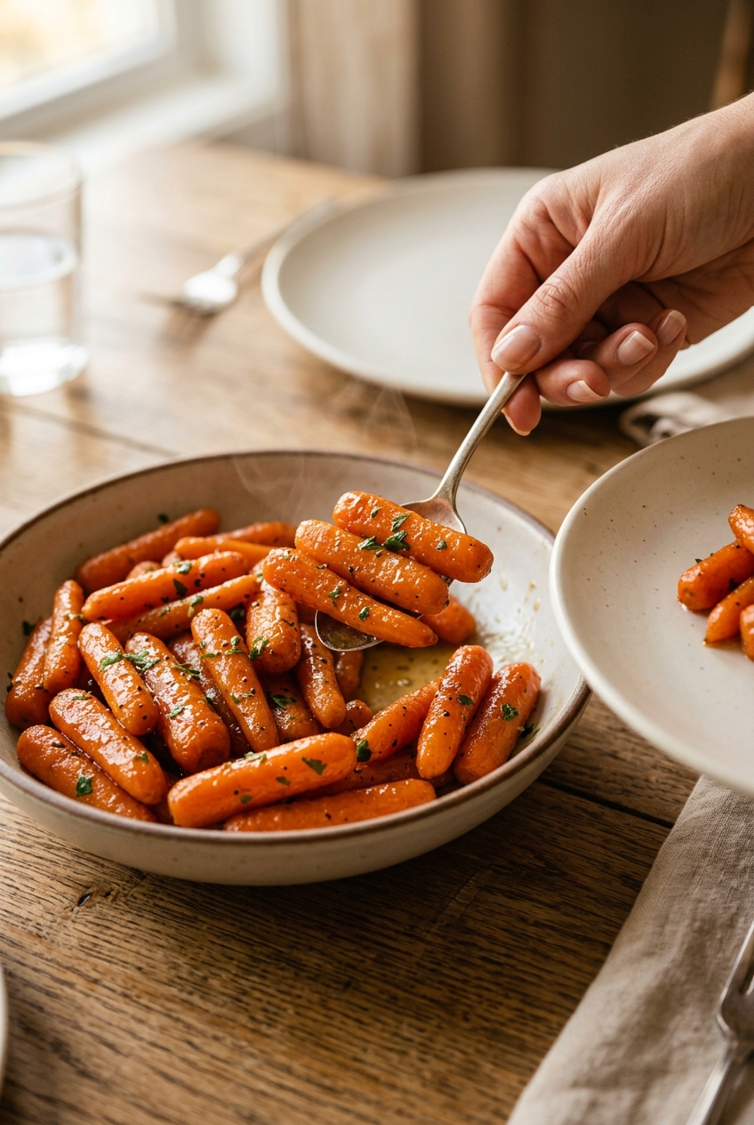 Golden glazed carrots with butter and brown sugar glaze, garnished with fresh parsley on a white plate