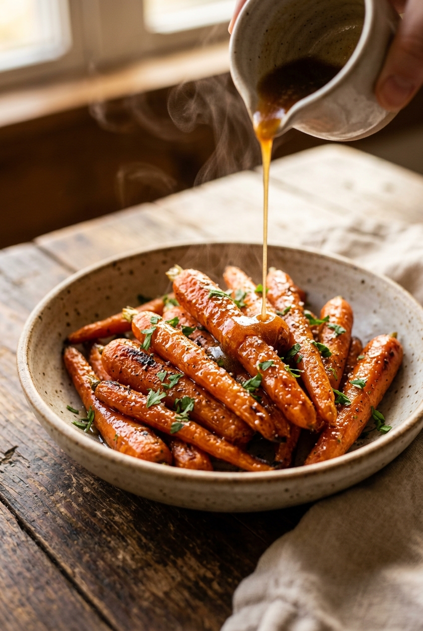 Close-up of tender carrot slices coated in glossy caramel glaze simmering in a skillet with fresh herbs