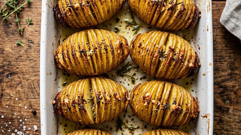 Golden crispy Hasselback potatoes with accordion-like cuts, seasoned with herbs and perfectly roasted on a baking sheet