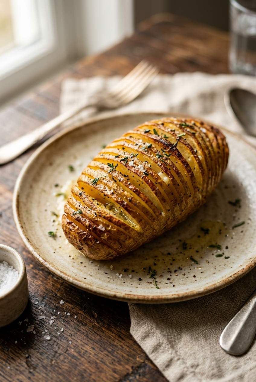 Close-up of sliced Hasselback potatoes showing the fan-like cuts with wooden spoons used as cutting guides on a cutting board