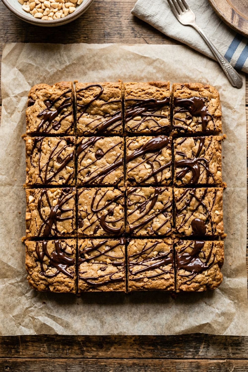 Stacked peanut butter cookie bars on parchment paper showing chewy texture and golden brown edges