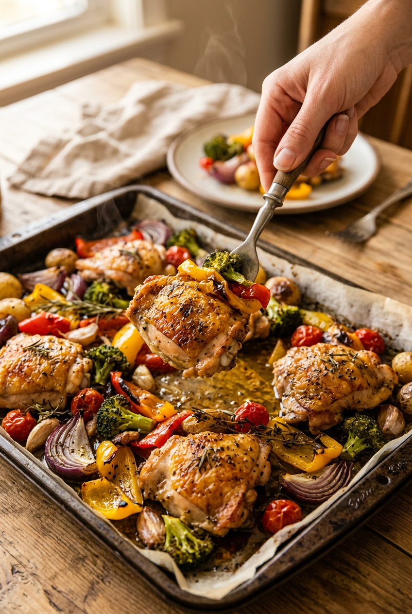 Golden roasted chicken breasts surrounded by colorful roasted vegetables including broccoli, bell peppers, carrots, and potatoes on a sheet pan