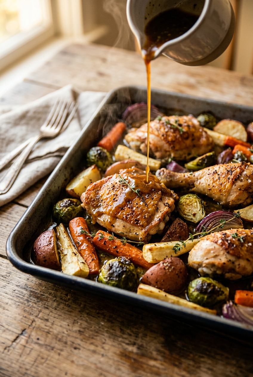 Close-up of perfectly cooked sheet pan chicken dinner with fresh parsley garnish and lemon wedges on the side