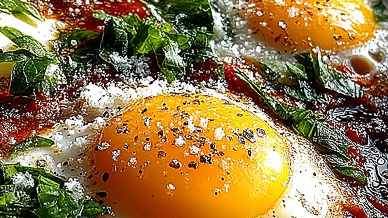 Golden poached eggs nestled in a vibrant red spicy tomato sauce with fresh basil and Parmesan cheese, served in a rustic skillet with crusty bread