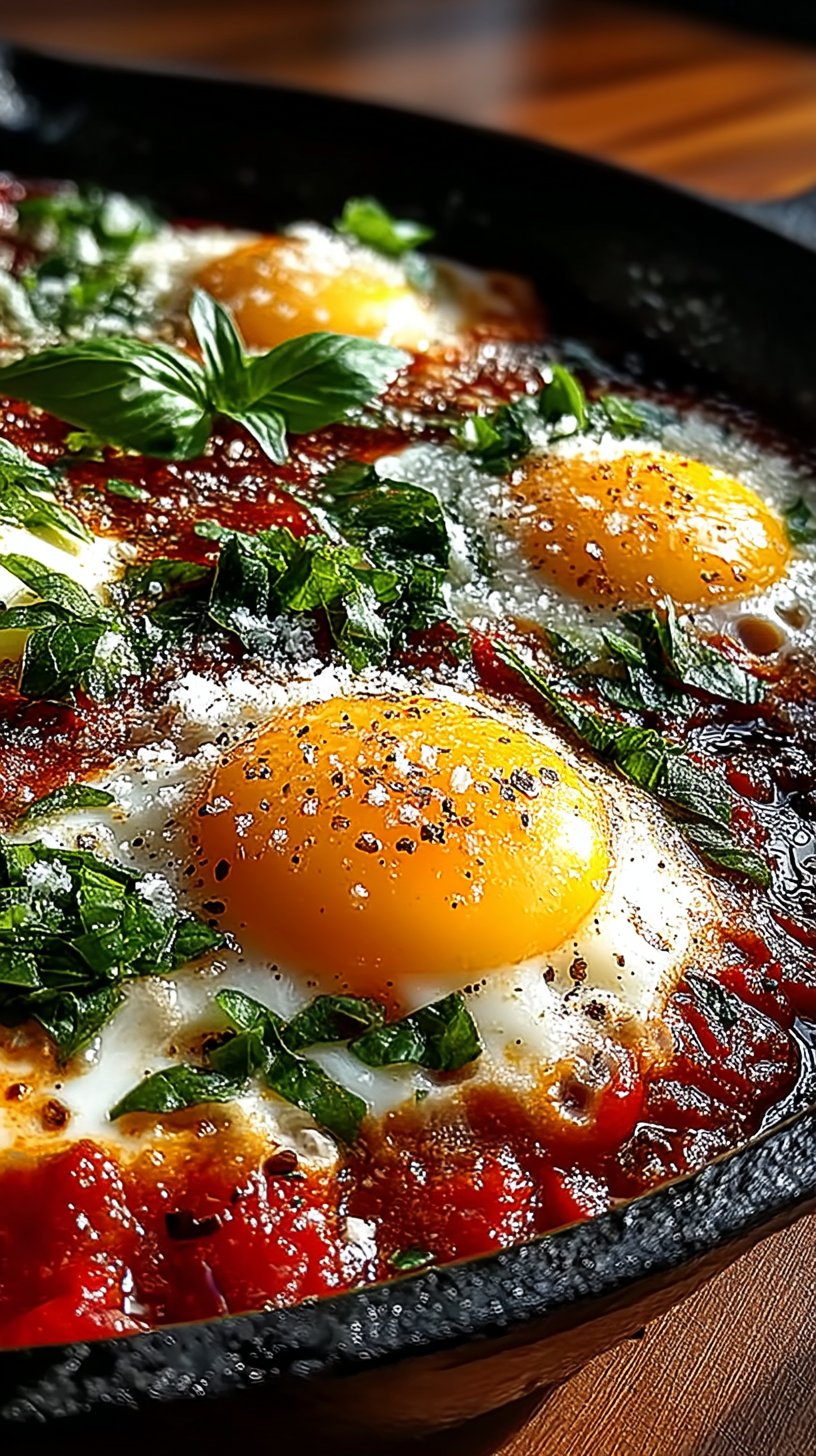 Golden poached eggs nestled in a vibrant red spicy tomato sauce with fresh basil and Parmesan cheese, served in a rustic skillet with crusty bread