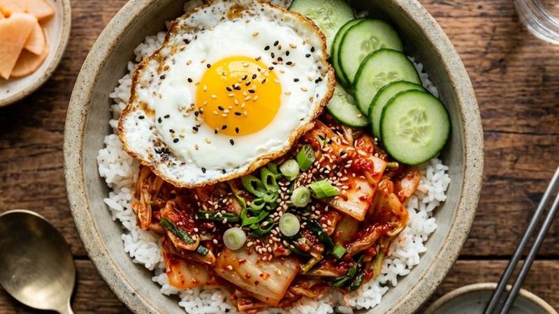 A vibrant fermented cabbage kimchi bowl topped with sesame seeds, sliced scallions, and a soft-boiled egg on a wooden table