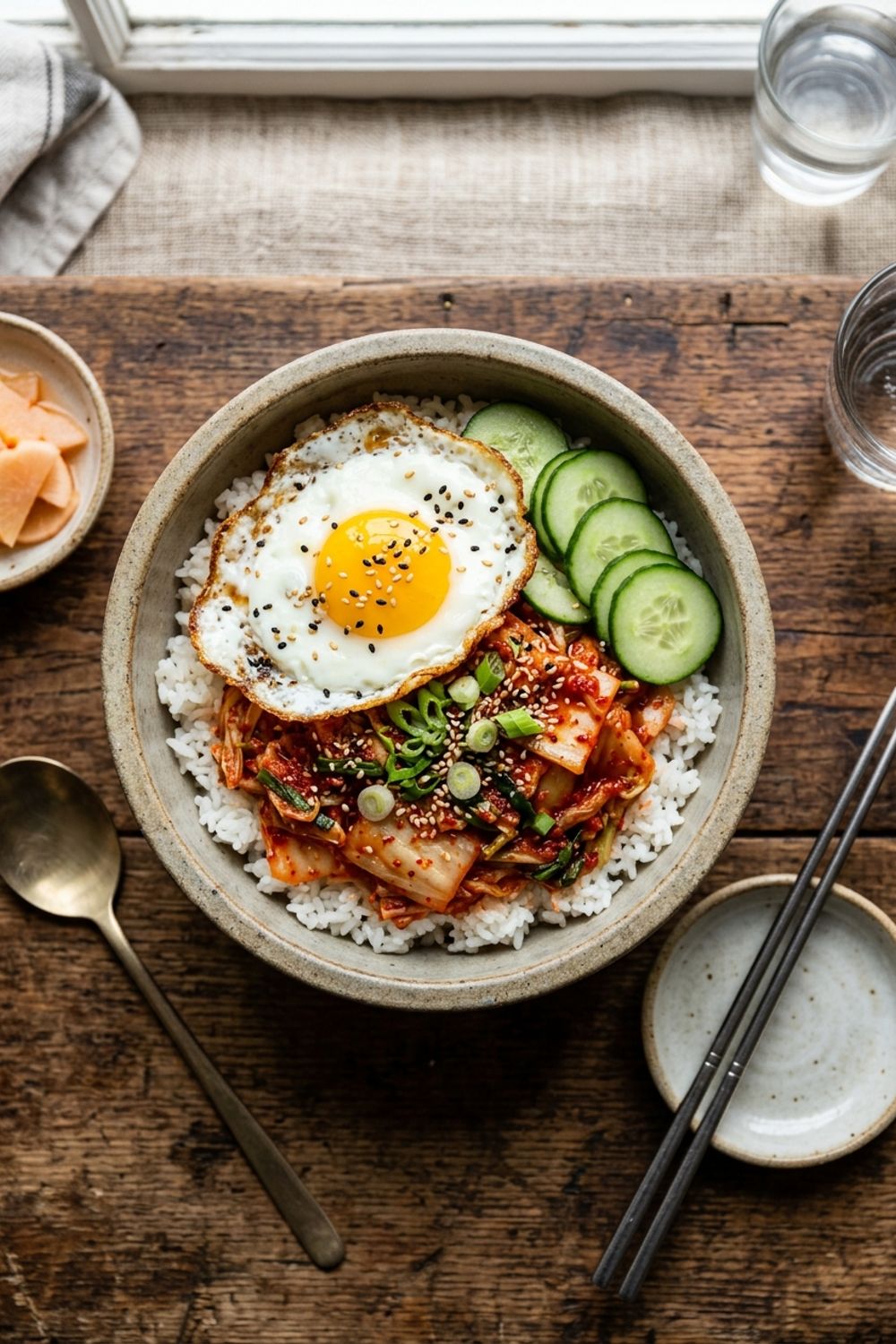 A vibrant fermented cabbage kimchi bowl topped with sesame seeds, sliced scallions, and a soft-boiled egg on a wooden table
