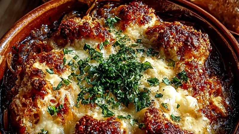 A close-up of piping hot French Onion Stew in a ceramic bowl with melted golden Gruyère cheese bubbling on top and crusty bread peeking through, surrounded by steam, natural daylight creating an inviting, homemade feel