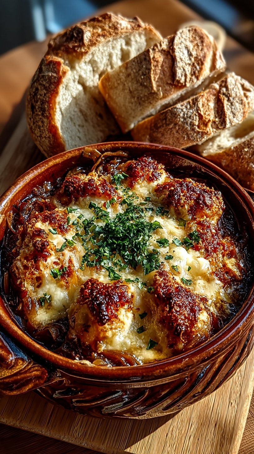 A close-up of piping hot French Onion Stew in a ceramic bowl with melted golden Gruyère cheese bubbling on top and crusty bread peeking through, surrounded by steam, natural daylight creating an inviting, homemade feel