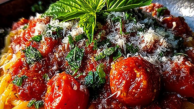 Close-up overhead view of creamy pasta with fresh tomato sauce garnished with torn basil leaves and parmesan cheese, showing vibrant red sauce clinging to spaghetti strands