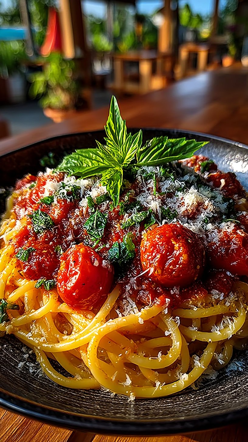 Close-up overhead view of creamy pasta with fresh tomato sauce garnished with torn basil leaves and parmesan cheese, showing vibrant red sauce clinging to spaghetti strands
