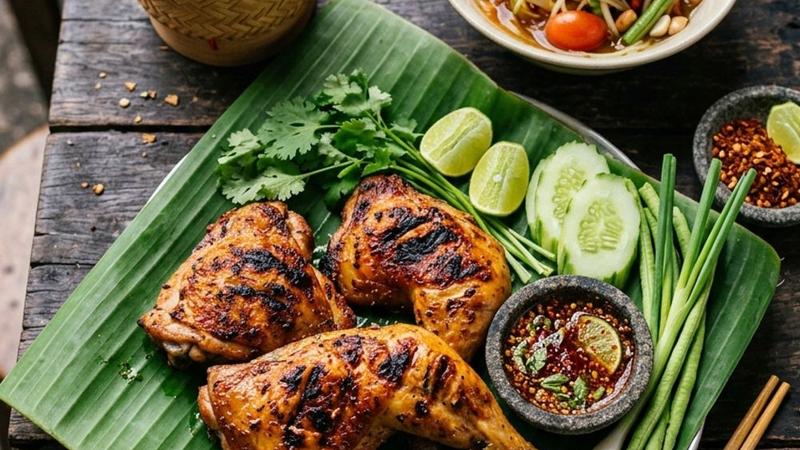 Golden grilled Thai chicken pieces on a wooden board with sticky rice and green papaya salad