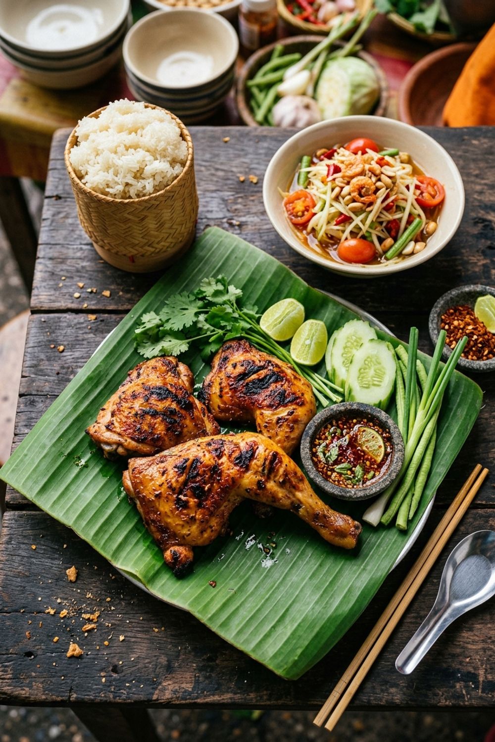 Golden grilled Thai chicken pieces on a wooden board with sticky rice and green papaya salad