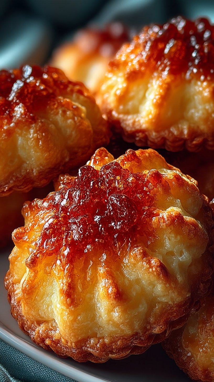 Close-up overhead view of golden-brown Galettes Bretonnes arranged on a rustic white plate, showing the characteristic fluted ridges and crispy edges with a candied angelica garnish, surrounded by fresh raspberries