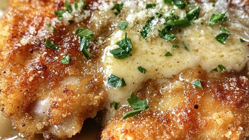 Golden crispy chicken thigh with garlic butter sauce served over creamy white beans, garnished with fresh parsley and lemon wedge, close-up side view showing crispy skin texture