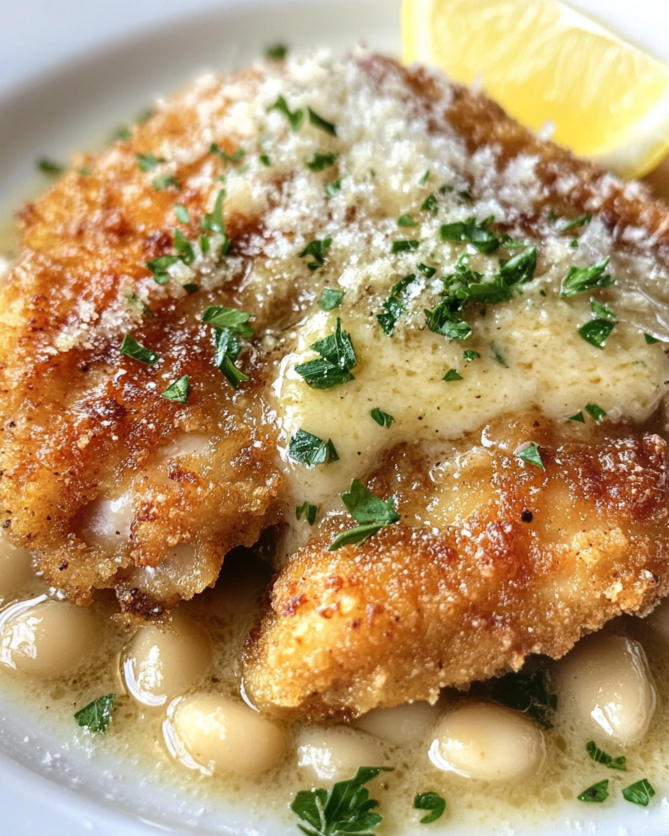Golden crispy chicken thigh with garlic butter sauce served over creamy white beans, garnished with fresh parsley and lemon wedge, close-up side view showing crispy skin texture