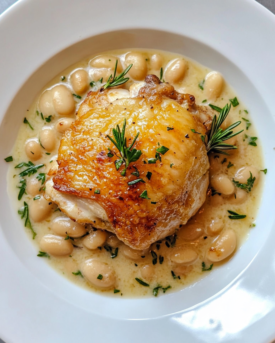 Overhead view of plated garlic butter crispy chicken on creamy beans with fresh herbs and Parmesan cheese, natural lighting showing the creamy sauce and tender chicken