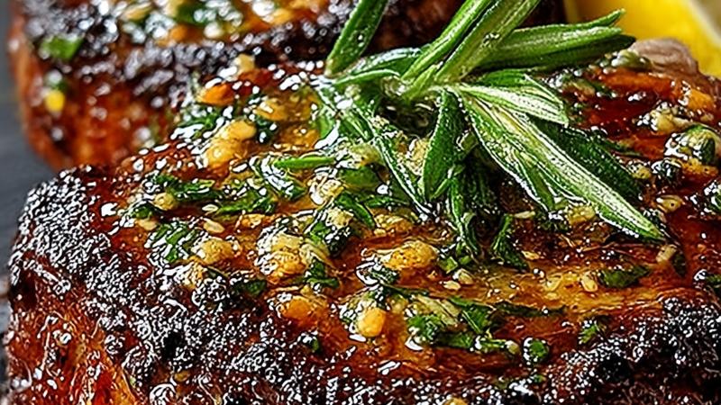 Four perfectly seared garlic rosemary lamb chops with golden crust on white plate, glistening with lemon butter and fresh herb garnish, rosemary sprigs and lemon wedges beside them