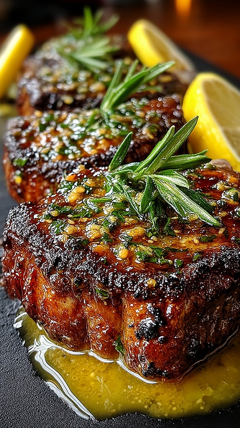 Four perfectly seared garlic rosemary lamb chops with golden crust on white plate, glistening with lemon butter and fresh herb garnish, rosemary sprigs and lemon wedges beside them