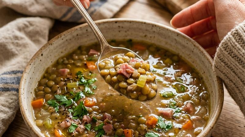 A steaming bowl of ham and lentil soup garnished with fresh parsley, served with crusty bread on the side