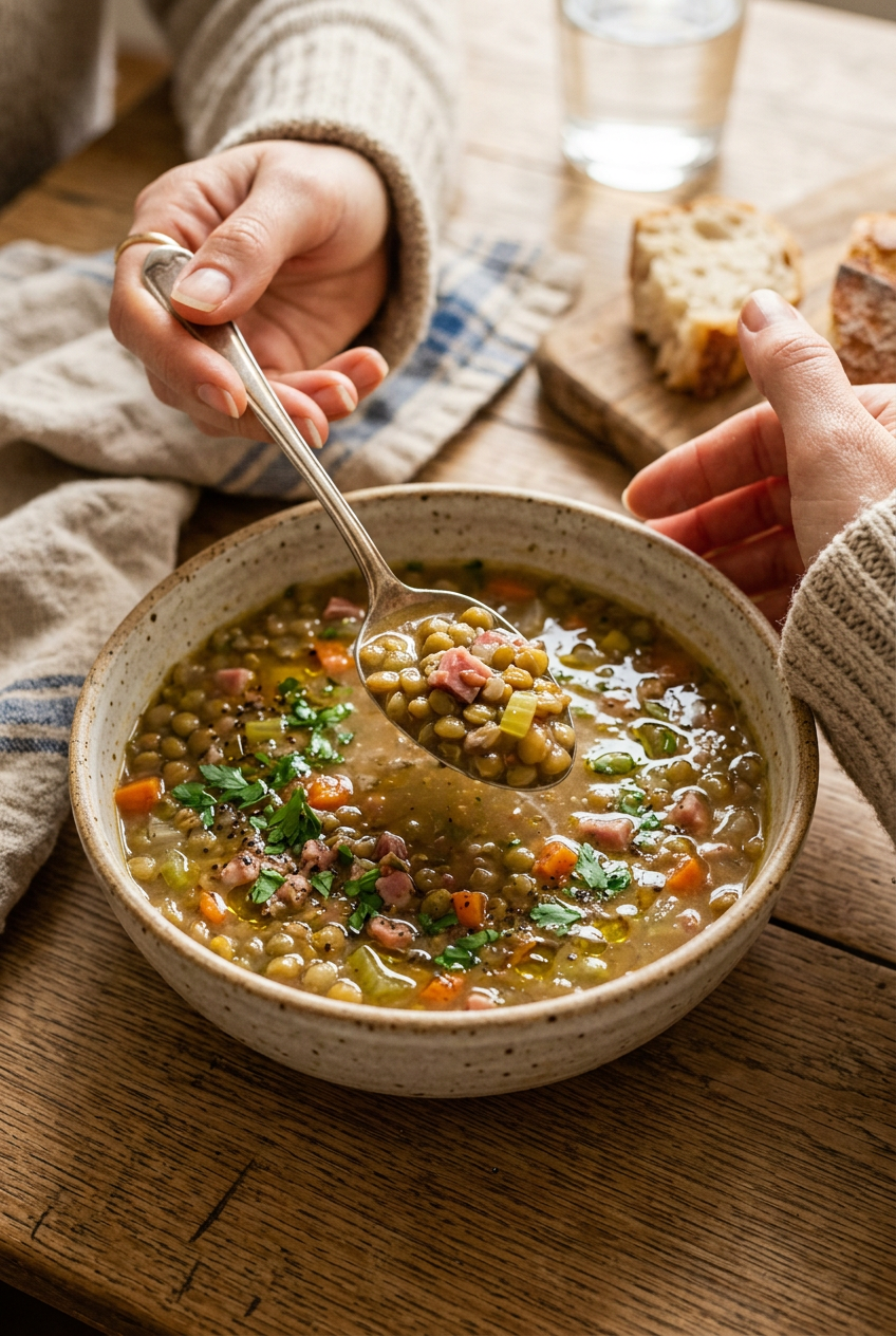 A steaming bowl of ham and lentil soup garnished with fresh parsley, served with crusty bread on the side