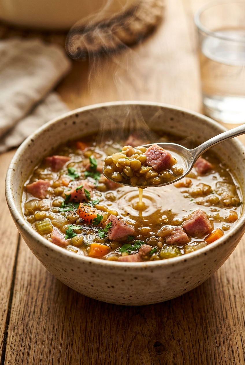 Close-up of ham and lentil soup showing tender lentils, diced ham, and vegetables in rich broth