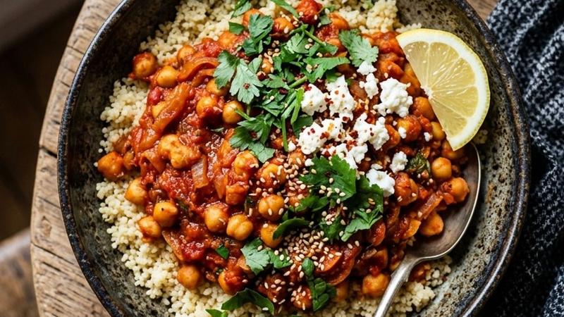 A bowl of spicy harissa chickpeas over herbed couscous garnished with fresh cilantro and a lemon wedge