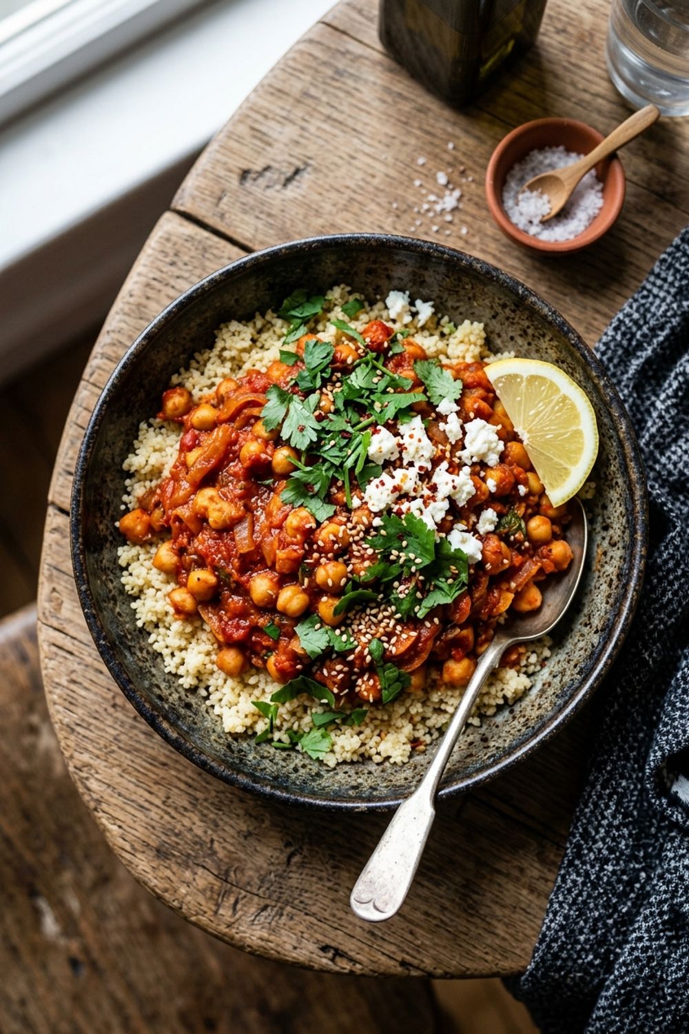 A bowl of spicy harissa chickpeas over herbed couscous garnished with fresh cilantro and a lemon wedge