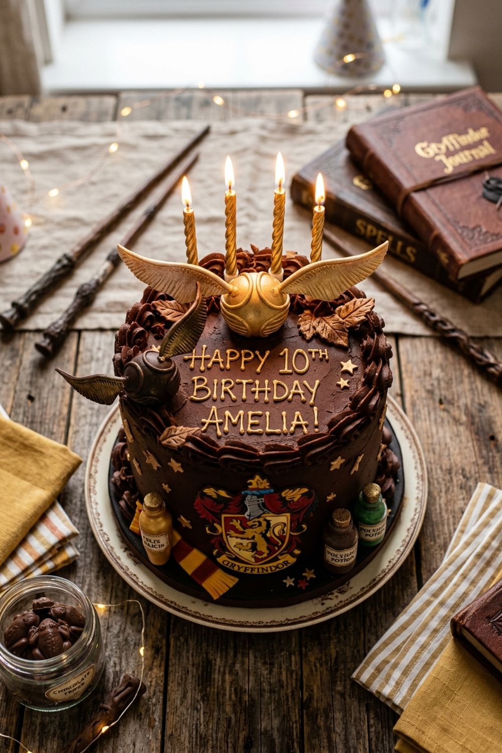 Chocolate birthday cake with green icing and pink letters spelling Happy Birthday Harry on a rustic wooden surface