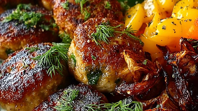 A beautiful overhead view of a high-protein Mediterranean meatball bowl featuring golden-brown meatballs drizzled with creamy white tzatziki sauce, served over quinoa with fresh spinach, colorful cherry tomatoes, cucumber, kalamata olives, and crumbled white feta cheese, garnished with fresh dill