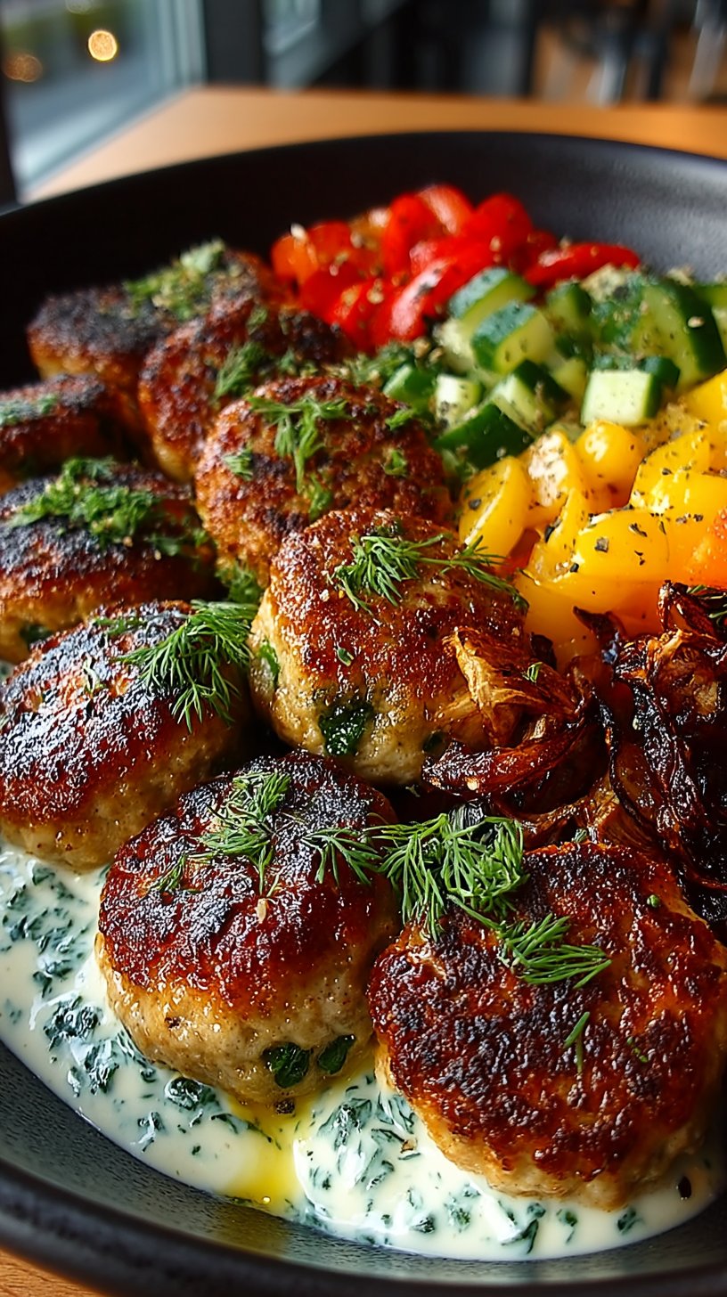 A beautiful overhead view of a high-protein Mediterranean meatball bowl featuring golden-brown meatballs drizzled with creamy white tzatziki sauce, served over quinoa with fresh spinach, colorful cherry tomatoes, cucumber, kalamata olives, and crumbled white feta cheese, garnished with fresh dill