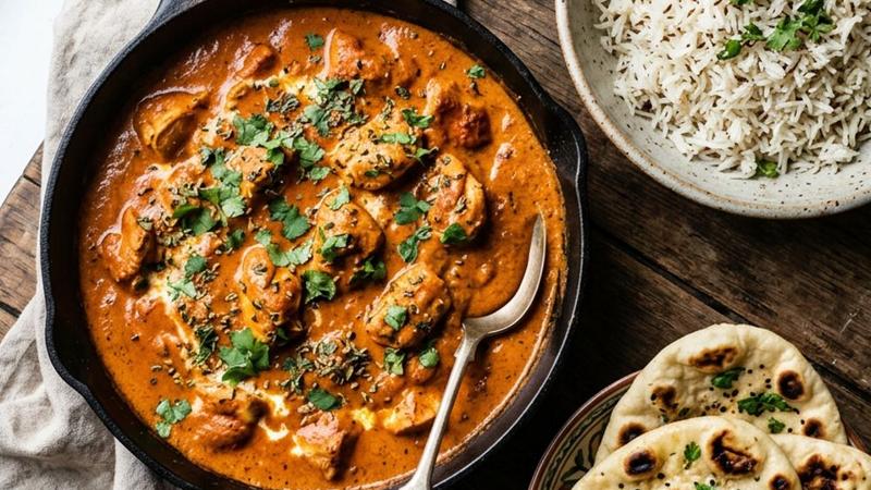 Homemade butter chicken in a dark bowl with naan bread and basmati rice on the side