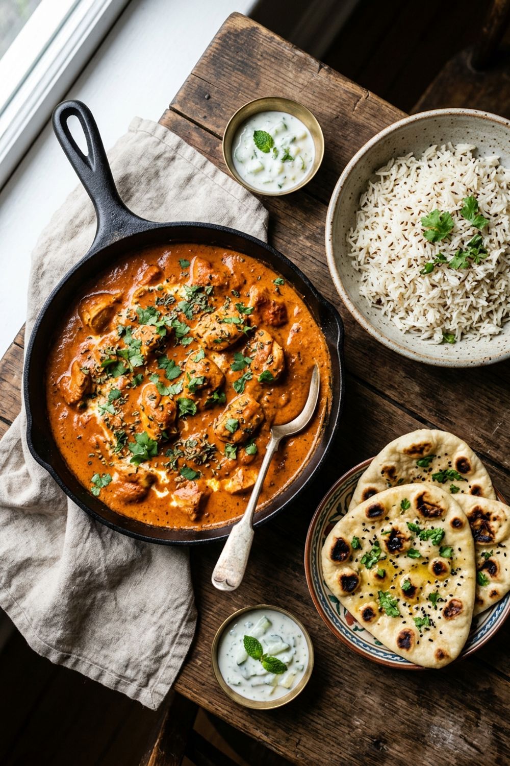 Homemade butter chicken in a dark bowl with naan bread and basmati rice on the side