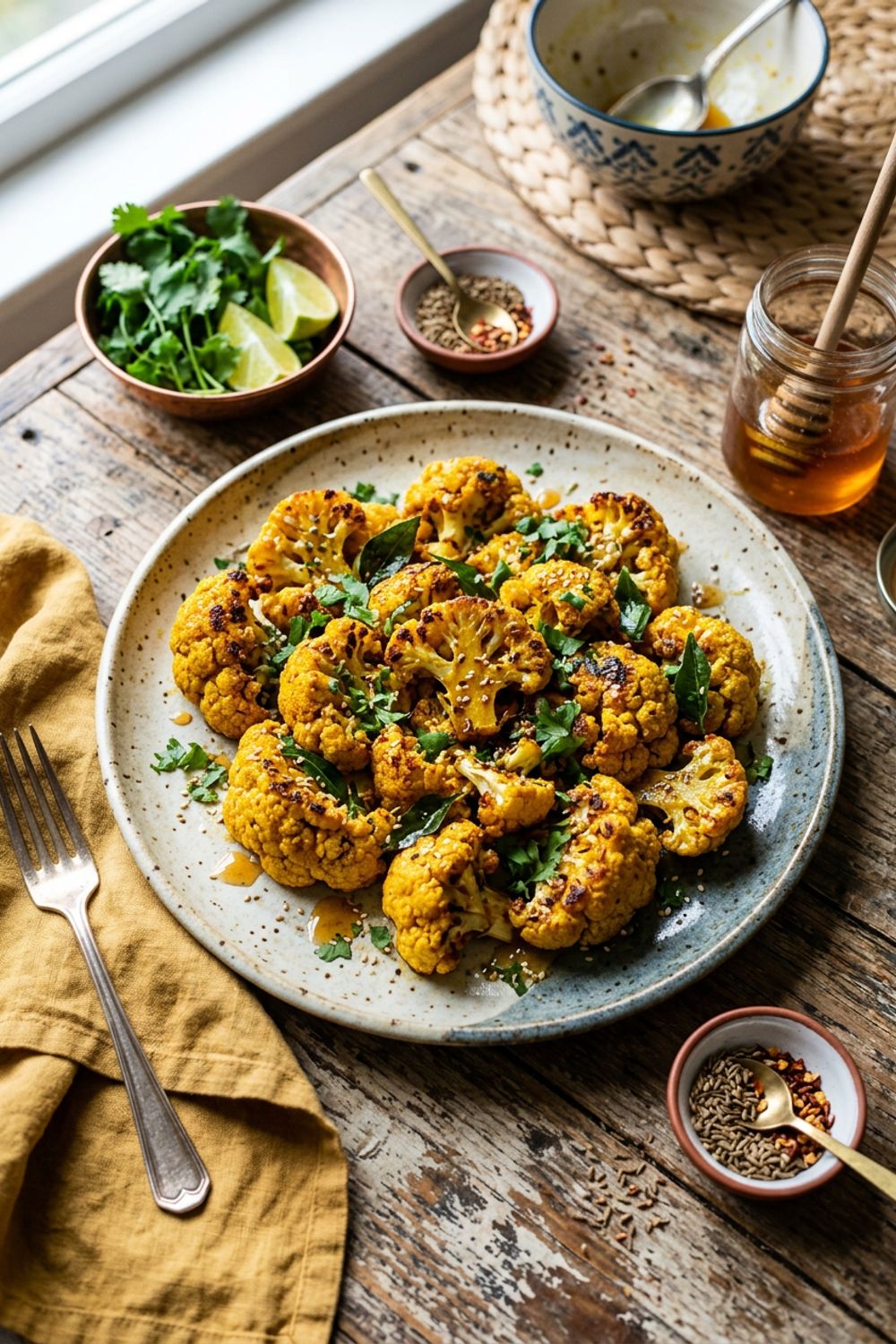 Golden curry-glazed roasted cauliflower florets on a dark plate with fresh cilantro and a squeeze of lime