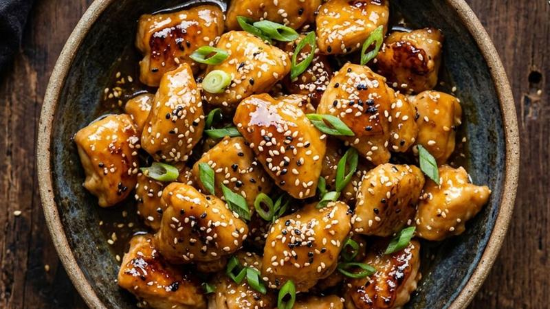 Honey garlic chicken bites in a bowl garnished with sesame seeds and sliced green onions