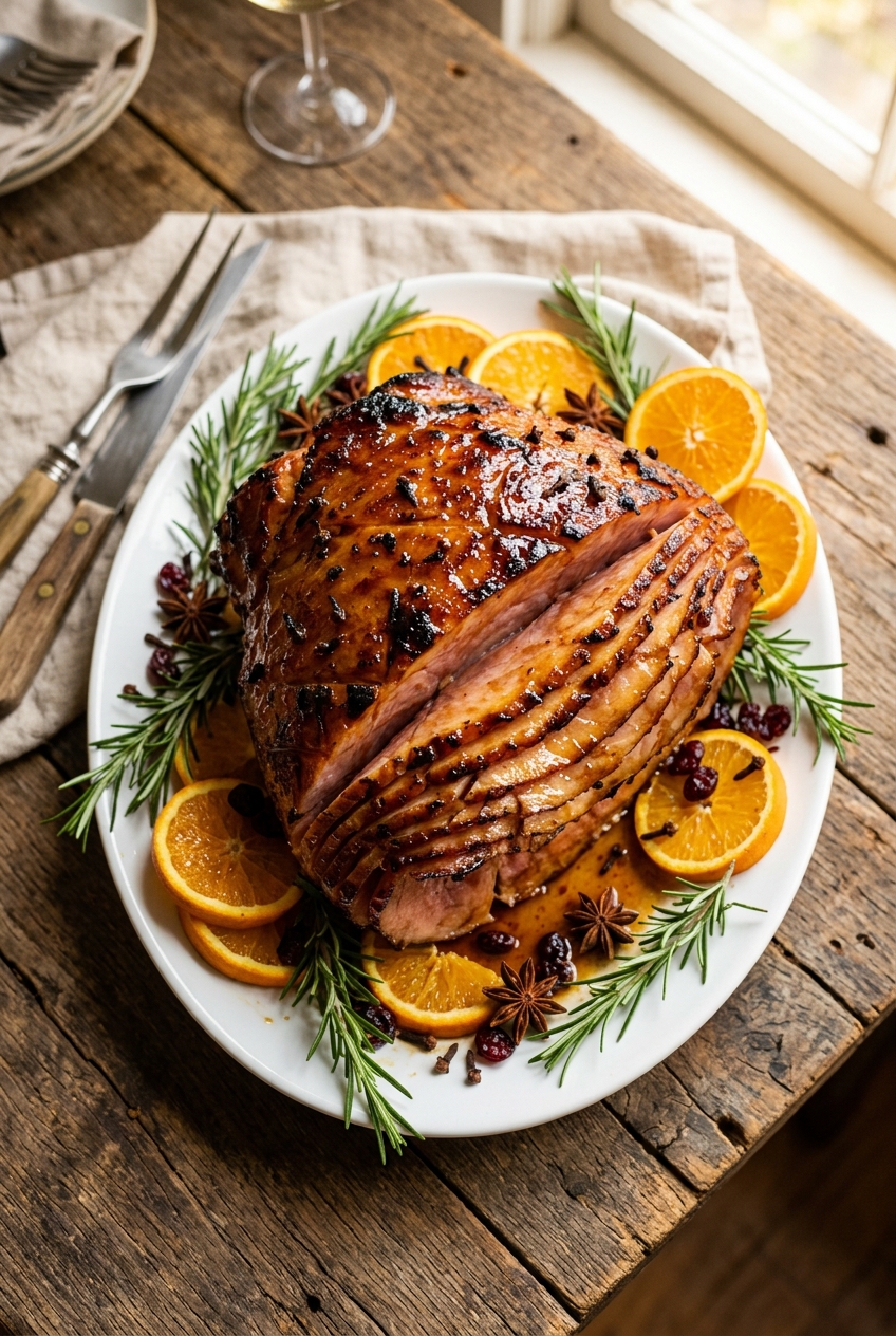 Golden honey glazed ham with caramelized exterior, pineapple rings, and maraschino cherries on a white serving platter