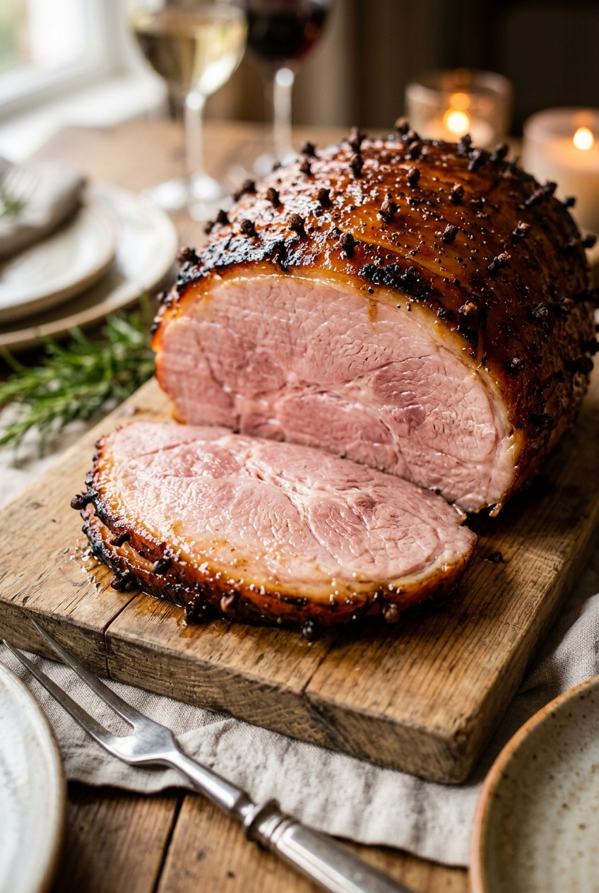 Close-up of glossy honey glaze being brushed onto scored ham surface with fresh rosemary garnish