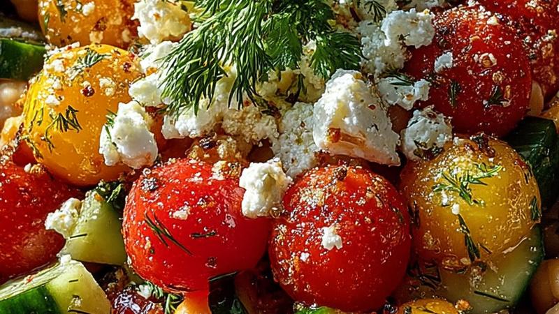 A vibrant overhead view of lemony Greek chickpea and feta salad showing fluffy chickpeas, crumbled white feta cheese, halved cherry tomatoes, crisp cucumber chunks, and dark Kalamata olives glistening with lemon dressing