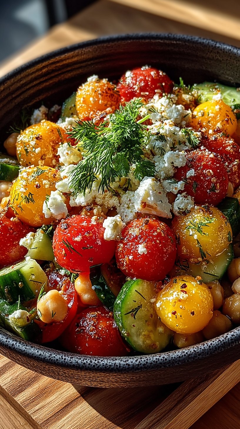 A vibrant overhead view of lemony Greek chickpea and feta salad showing fluffy chickpeas, crumbled white feta cheese, halved cherry tomatoes, crisp cucumber chunks, and dark Kalamata olives glistening with lemon dressing