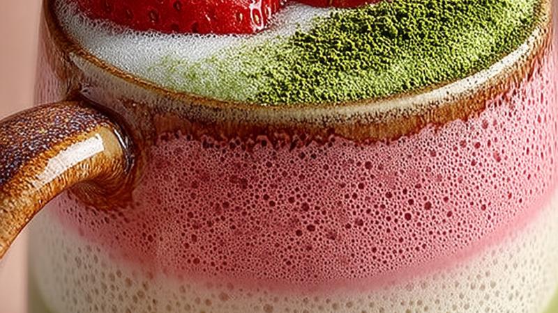 A tall glass of iced strawberry matcha latte with beautiful layered colors of pink strawberry syrup at the bottom, creamy milk in the middle, and vibrant green matcha on top, garnished with fresh strawberry slices and matcha powder dust, filled with ice cubes, shot in natural sunlight