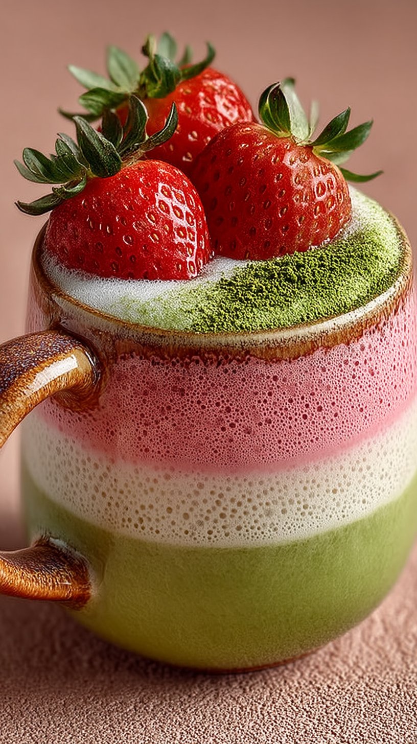 A tall glass of iced strawberry matcha latte with beautiful layered colors of pink strawberry syrup at the bottom, creamy milk in the middle, and vibrant green matcha on top, garnished with fresh strawberry slices and matcha powder dust, filled with ice cubes, shot in natural sunlight