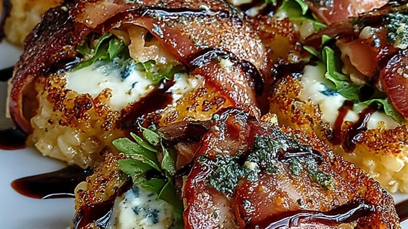 Beautiful Italian sushi rolls with creamy risotto, prosciutto wrapper, fresh mozzarella, and arugula visible in the spiral, drizzled with balsamic glaze and sprinkled with Parmesan, arranged artfully on a white plate