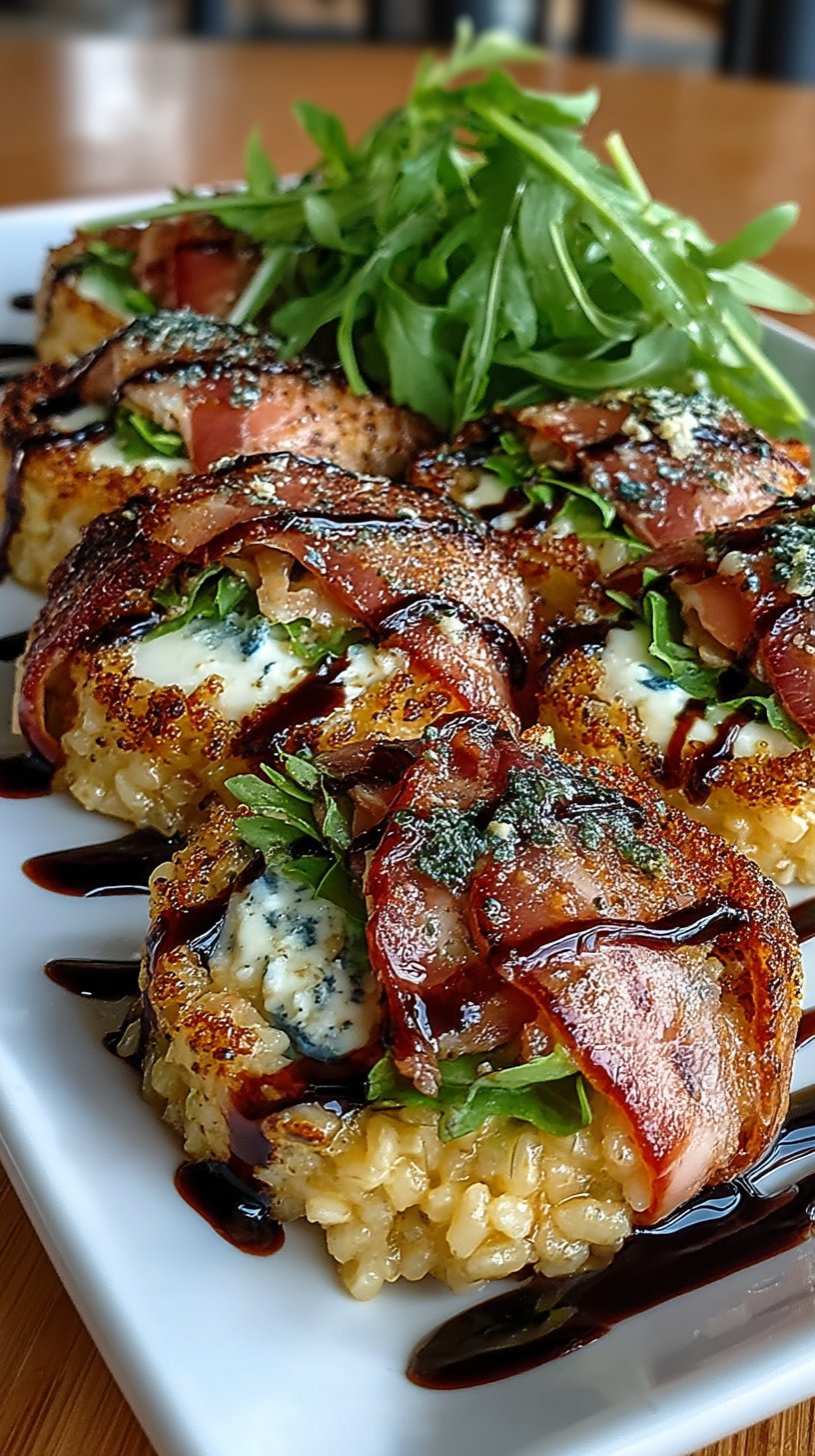 Beautiful Italian sushi rolls with creamy risotto, prosciutto wrapper, fresh mozzarella, and arugula visible in the spiral, drizzled with balsamic glaze and sprinkled with Parmesan, arranged artfully on a white plate