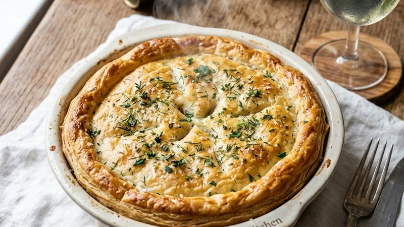 Golden-brown French fish pie with flaky pastry crust, fresh dill garnish, and lemon wedges on a white plate