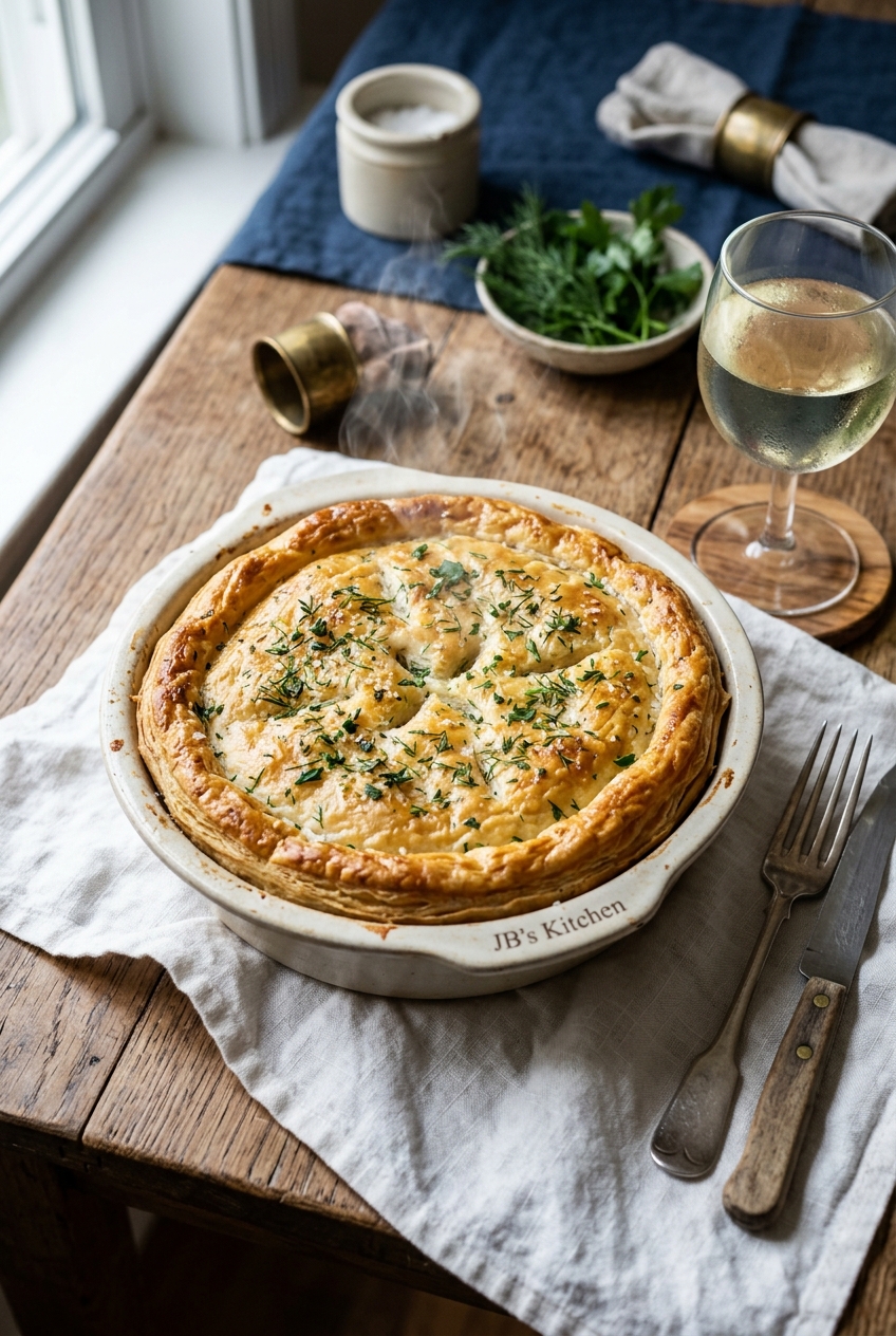 Golden-brown French fish pie with flaky pastry crust, fresh dill garnish, and lemon wedges on a white plate