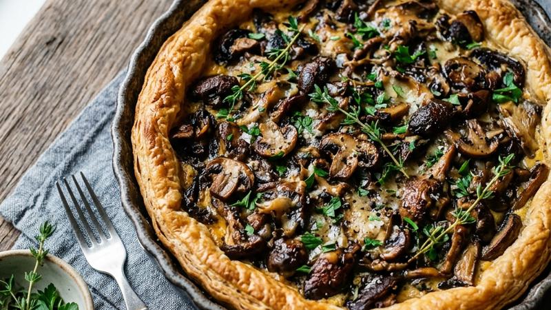 Golden French mushroom tart with flaky pastry crust filled with mixed sautéed mushrooms and creamy custard, garnished with fresh herbs