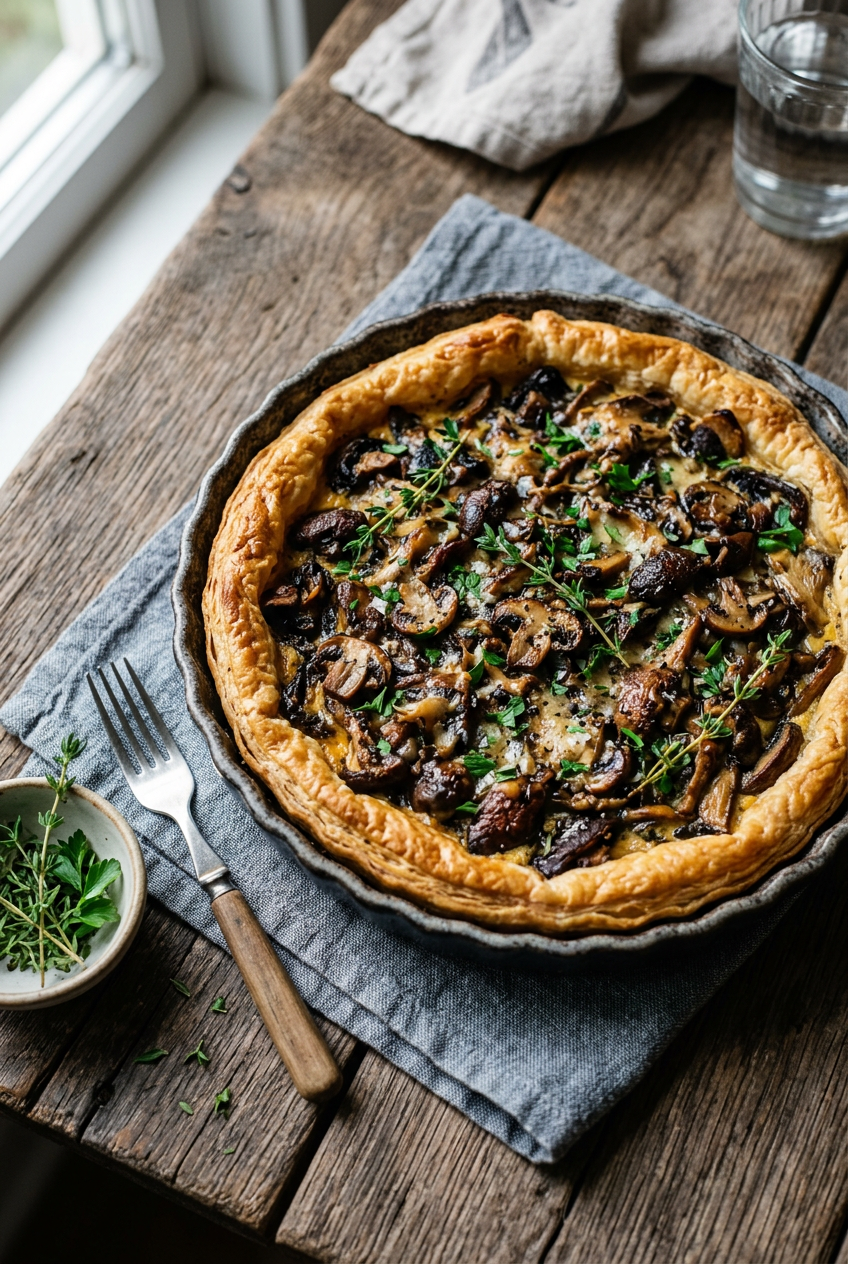 Golden French mushroom tart with flaky pastry crust filled with mixed sautéed mushrooms and creamy custard, garnished with fresh herbs